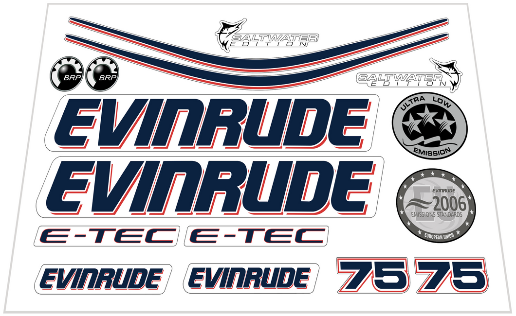 Evinrude 75hp E-Tec Aftermarket Decal Set - White Cowl Red/Blue Stripe