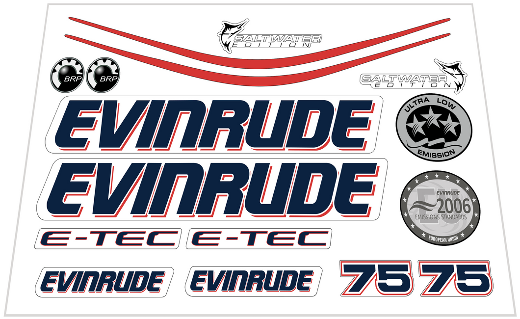 Evinrude 75hp E-Tec Aftermarket Decal Set - White Cowl Red Stripe