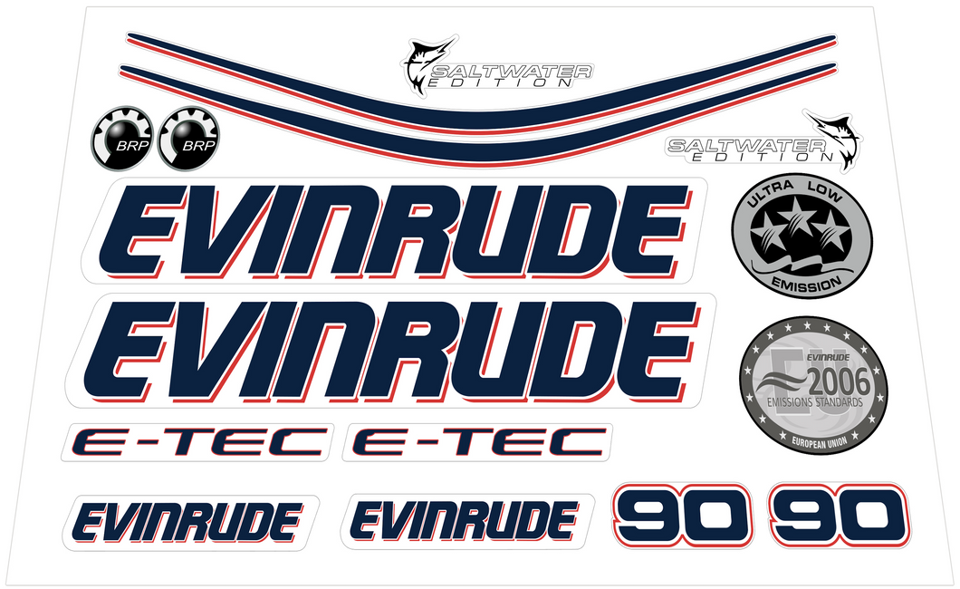 Evinrude 90hp E-Tec Aftermarket Decal Set - White Cowl Red/Blue Stripe