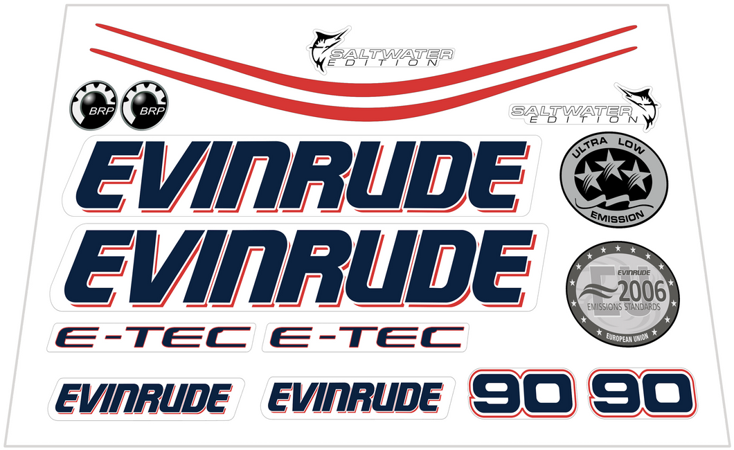 Evinrude 90hp E-Tec Aftermarket Decal Set - White Cowl Red Stripe